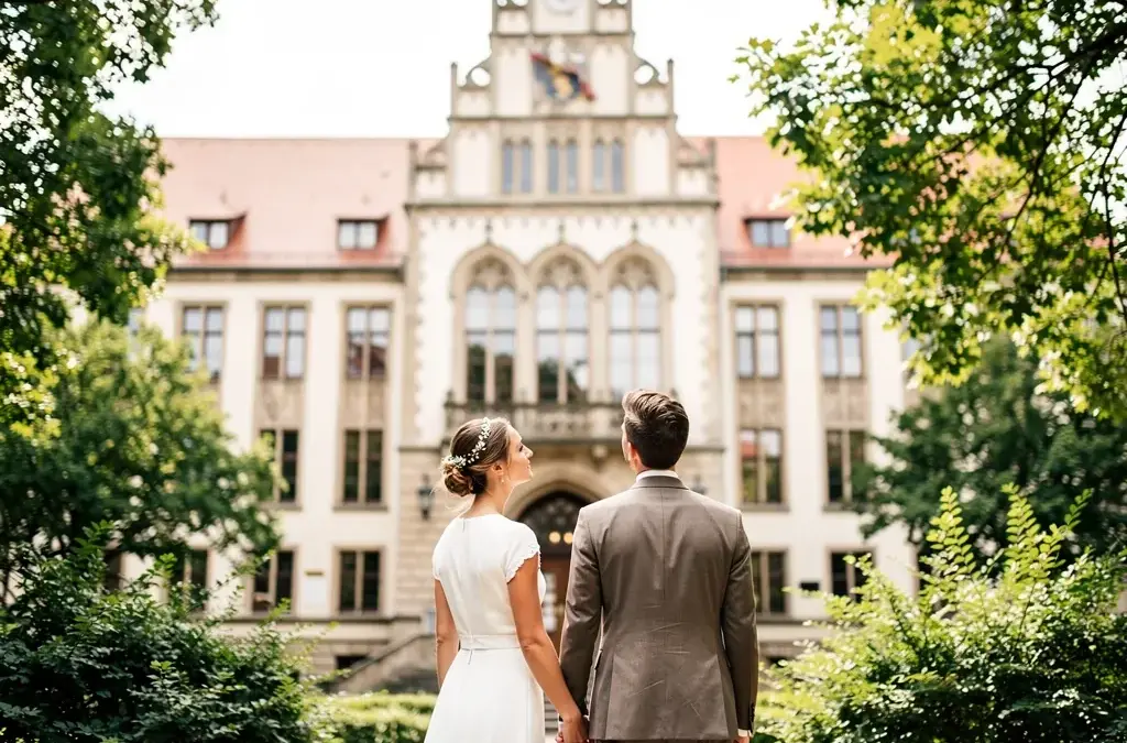 Braut und Bräutigam bei der Eheschließung in Deutschland mit vorbereitetenunterlagen