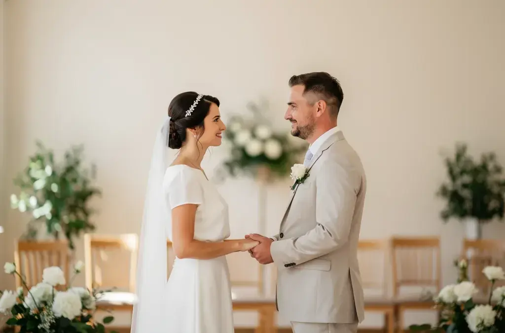 Bild von einem Brautpaar bei der Eheschließung und der anschließenden Hochzeit