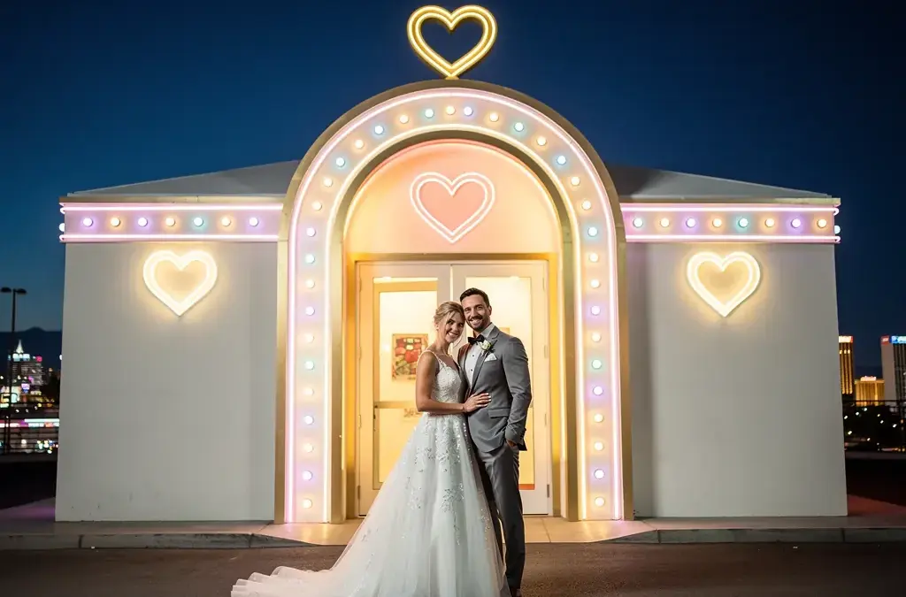 Paar beim Heiraten in Las Vegas vor einer romantischen Kapelle