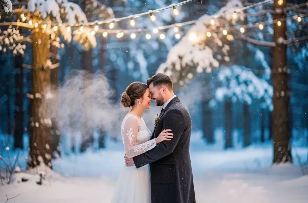 Romantische Winterhochzeit im Schnee mit festlicher Dekoration und wunderschöner Landschaft