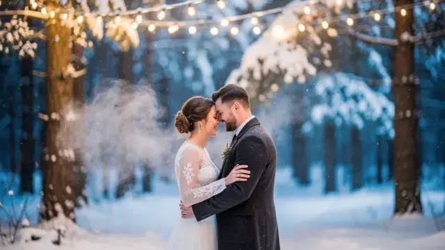 Romantische Winterhochzeit im Schnee mit festlicher Dekoration und wunderschöner Landschaft