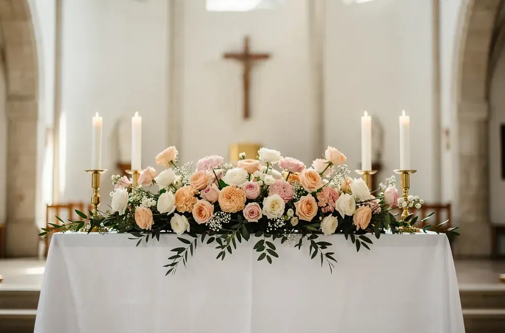 Festliche Kirchen Deko für kreative Hochzeitsgestaltung mit Blumen und Kerzen