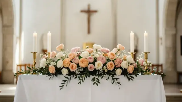 Festliche Kirchen Deko für kreative Hochzeitsgestaltung mit Blumen und Kerzen