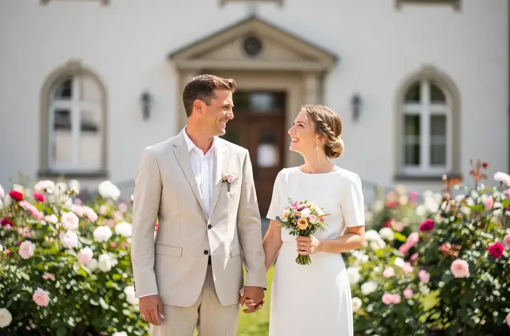 Bräutigam in schickem Outfit für eine spontane, unkomplizierte Hochzeit