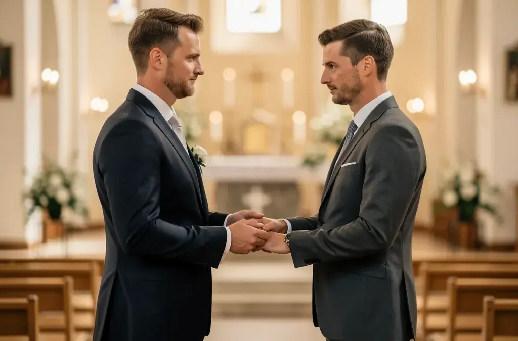 Trauzeugen in der Kirche unterstützen Braut und Bräutigam während der Trauung