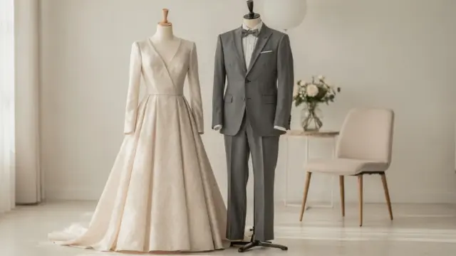 Braut und Bräutigam in eleganter Hochzeitsmode für einen stilvollen gemeinsamen Auftritt