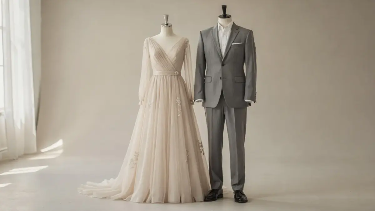 Brautkleid und Anzug farblich abgestimmt für die Hochzeit im stilvollen Studio