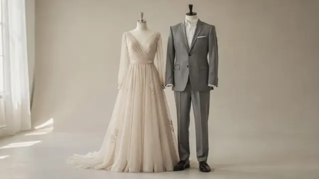 Brautkleid und Anzug farblich abgestimmt für die Hochzeit im stilvollen Studio