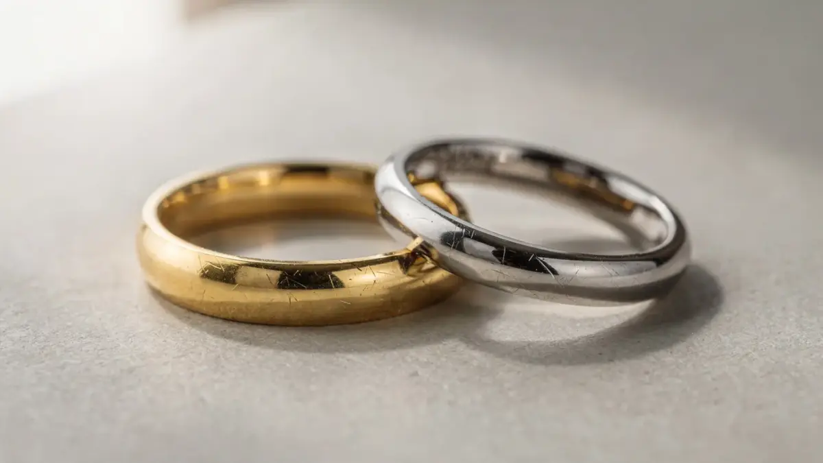 Gold- und Platin-Trauringe auf neutralem Hintergrund für den Vergleich im Artikel
