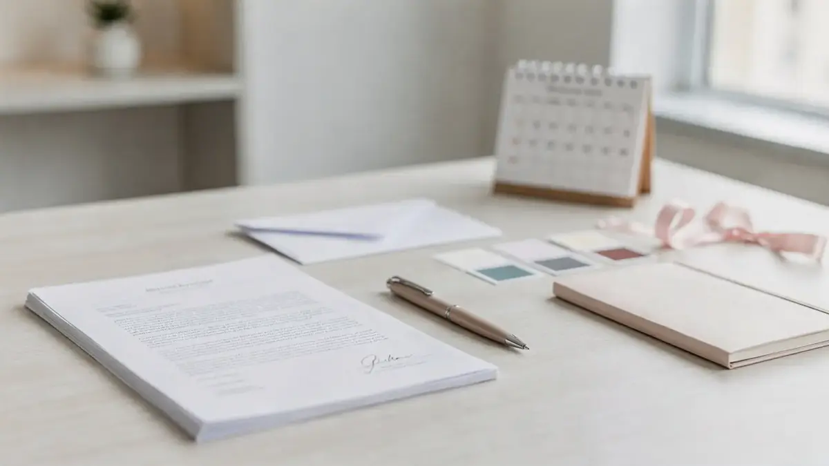 Hochzeitsvertrag und Anzahlung auf einem Wedding-Planning-Schreibtisch mit Vertrag, Stift und Umschlag