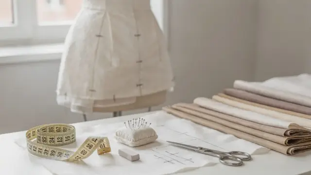 Brautkleid-Anpassung im Atelier mit Maßband, Stecknadeln und abgestecktem Kleid zu Schnitt, Taille und Länge
