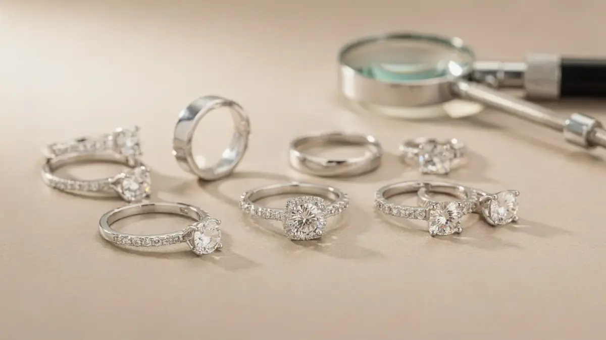 Trauringe und Verlobungsringe mit Ringmaß und Lupe beim Prüfen