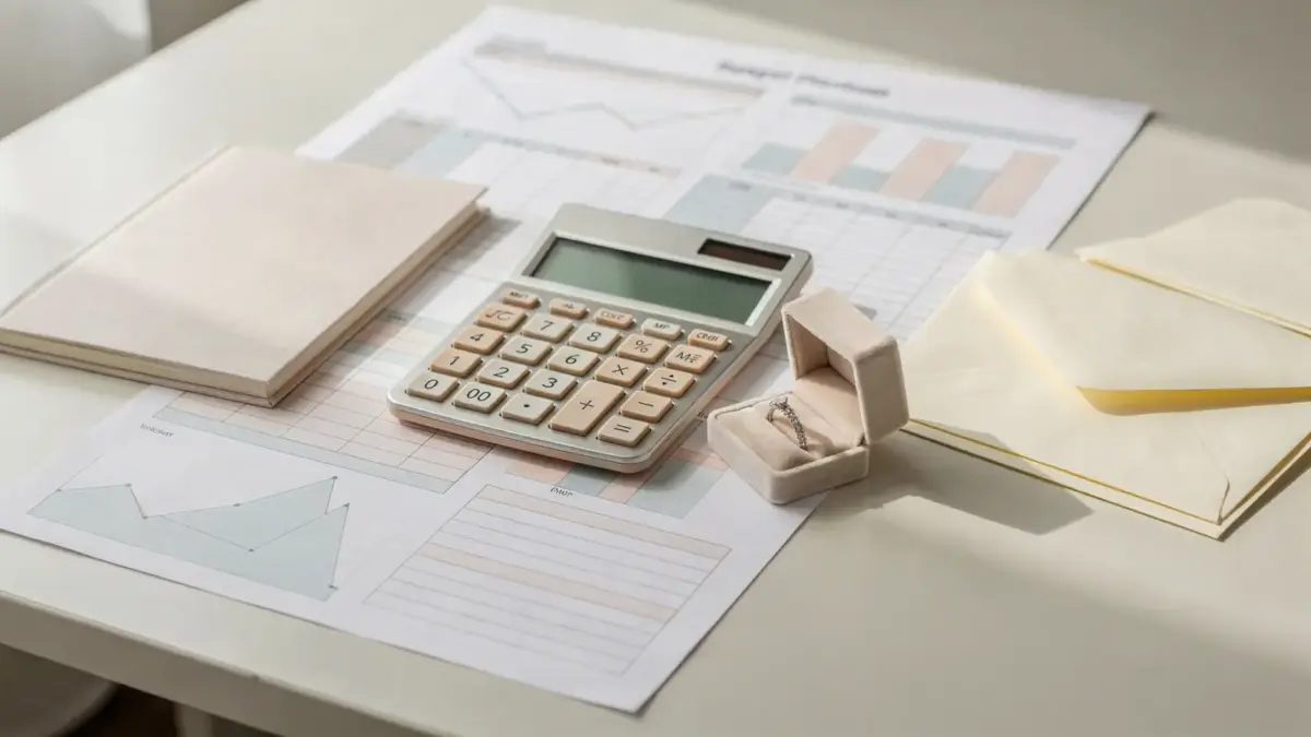 Hochzeitsbudget planen: Kalkulation mit Taschenrechner, Notizen und Budgetunterlagen auf einem Schreibtisch
