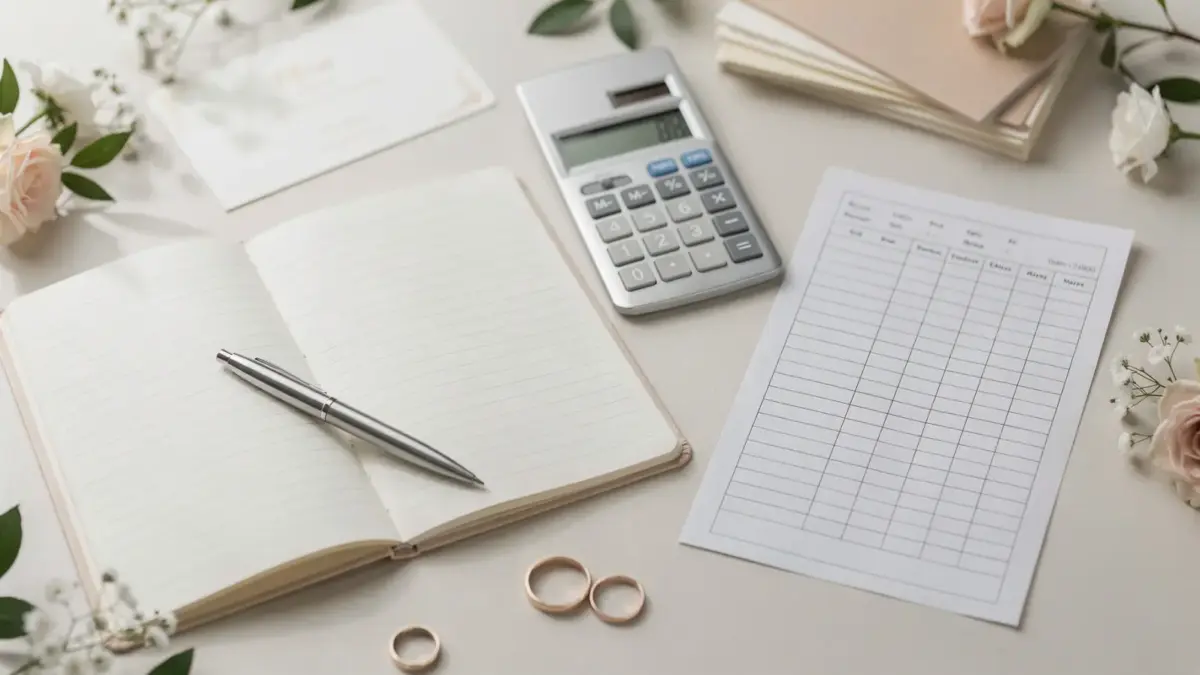 Hochzeitskostenplan mit Notebook, Rechner und Deko für die Budgetplanung von Paaren