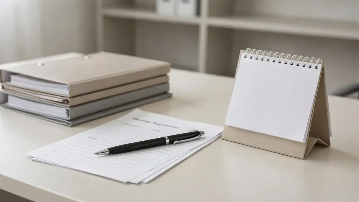Unterlagen zur Anmeldung zur Hochzeit beim Standesamt auf einem Schreibtisch mit Formularen, Stift und Kalender