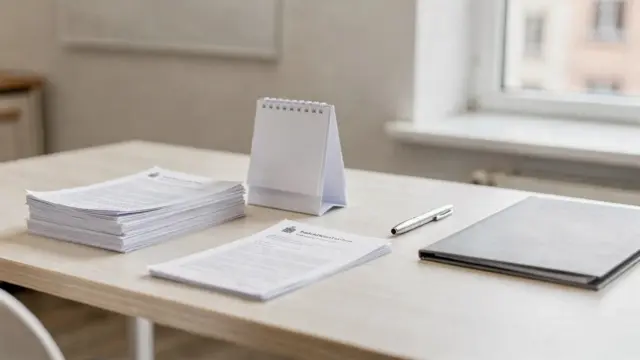 Standesamtliche Anmeldung mit Dokumenten und Kalender auf einem Bürotisch