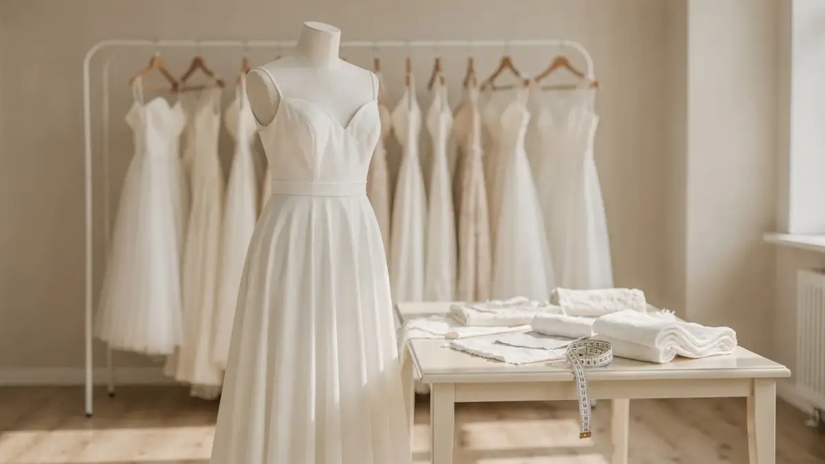 Brautkleid-Anprobe im Laden mit Kleid auf Schaufensterpuppe und Maßband für die Figur