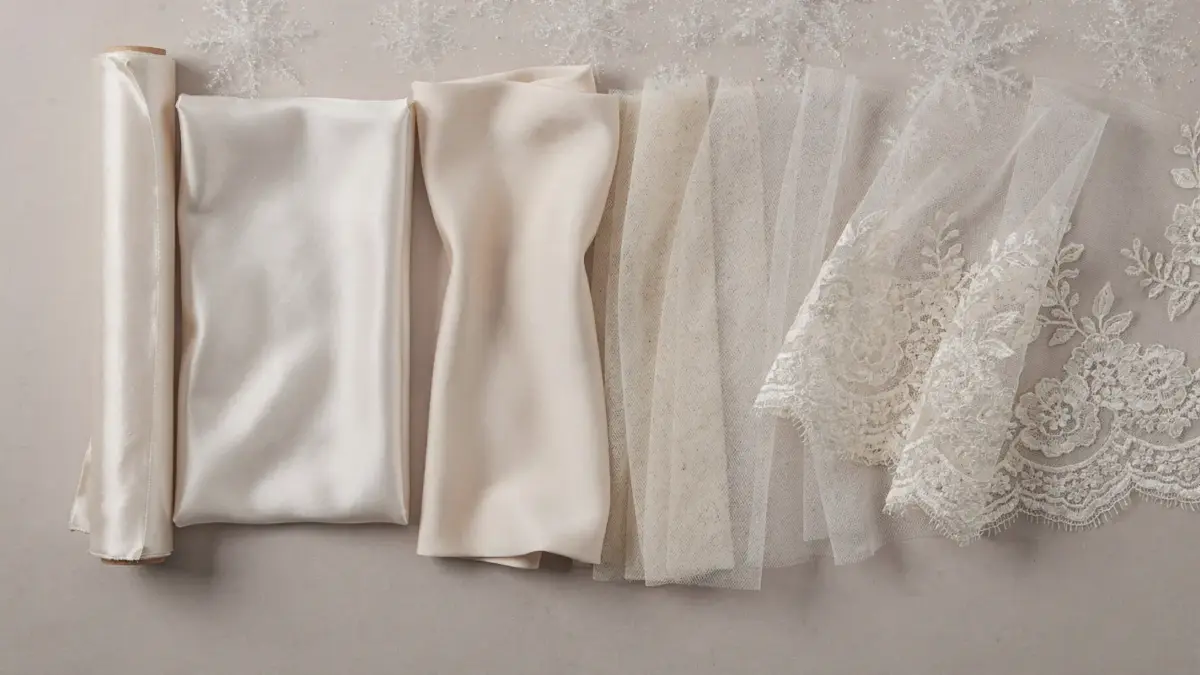 Ausgewählte Brautkleidstoffe für eine Winterhochzeit auf neutraler Oberfläche