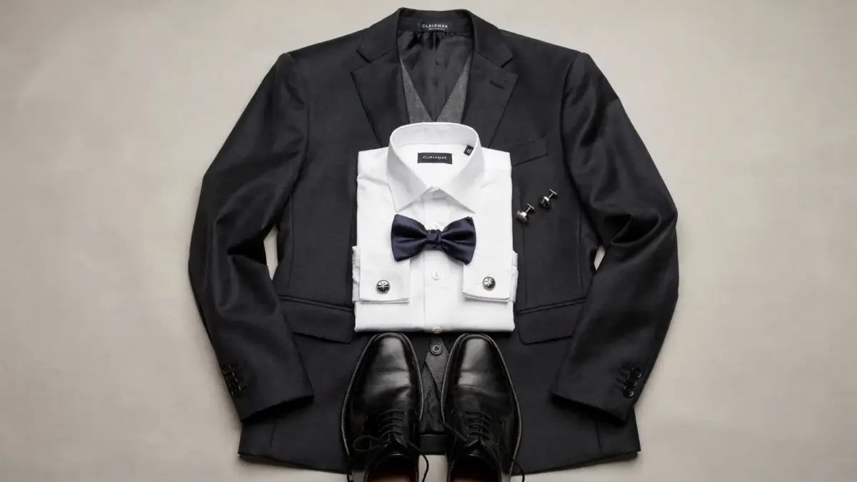 Anzug, Weste und Fliege für den Bräutigam kombiniert als elegante Hochzeitsgarderobe