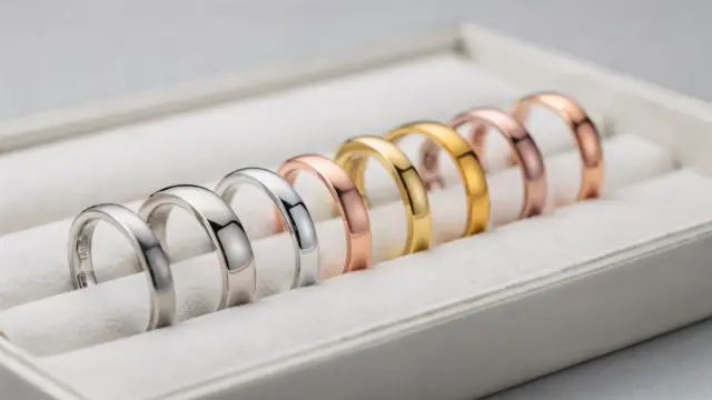 Auswahl von Metallen für einen Verlobungsring: Platin-, Weißgold-, Gelbgold- und Roségoldringe auf einem Schmucktablett