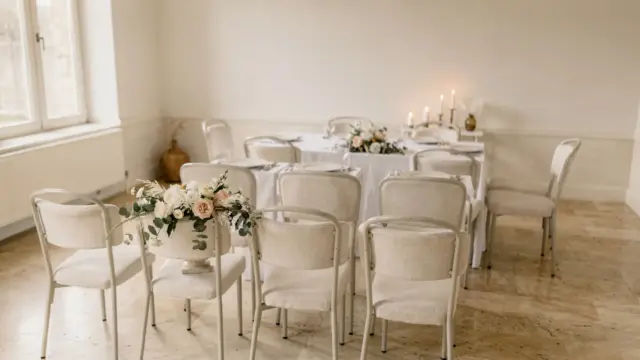 Kleine Hochzeitslocation mit festlich gedecktem Tisch und Blumen für eine kleine Hochzeit