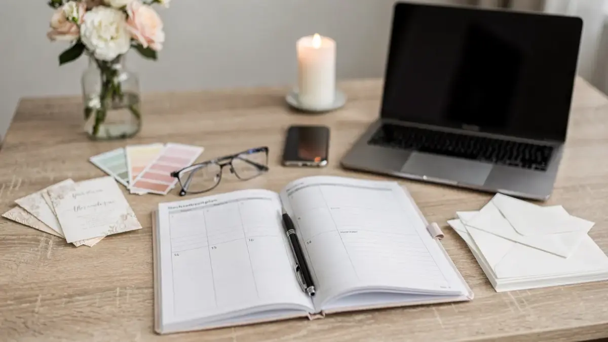 Hochzeitszeitplan auf einem Schreibtisch mit Kalender, Notizen und Laptop für die realistische Hochzeitsplanung
