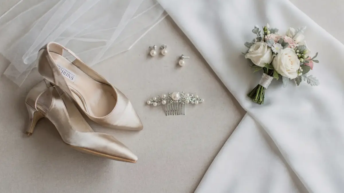 Brautaccessoires wie Schleier, Schmuck und Schuhe ergänzen das Brautoutfit.