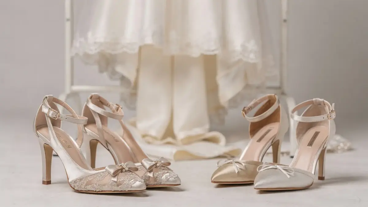 Brautschuhe neben Brautkleid in verschiedenen Absatzhöhen zur Wahl von Stil und Komfort