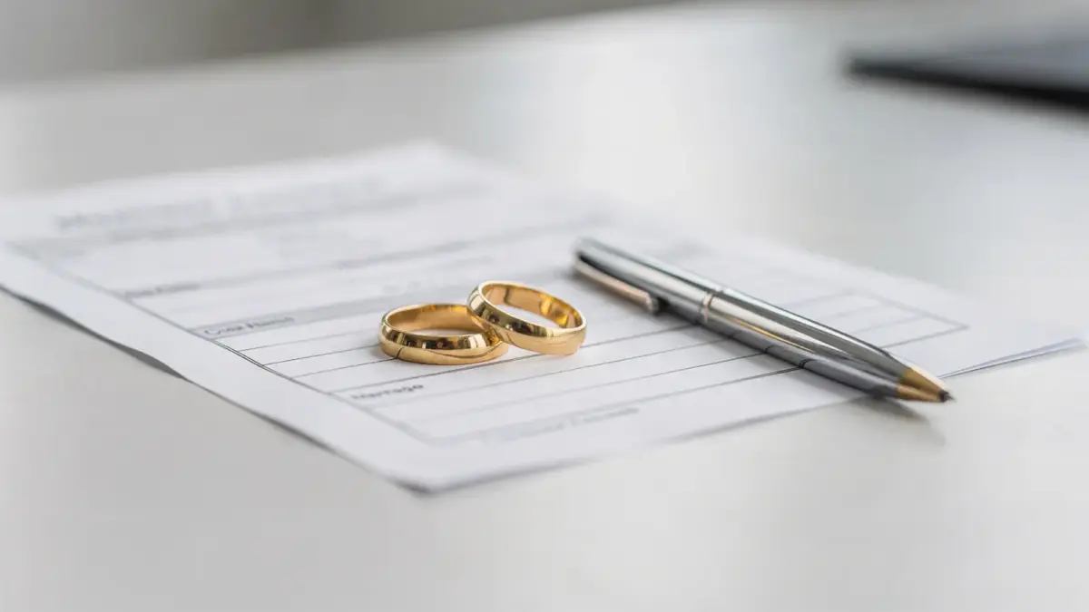 Ehe-Doppelname: Ringpaar, Formular und Stift auf dem Standesamts-Desk