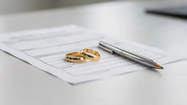 Ehe-Doppelname: Ringpaar, Formular und Stift auf dem Standesamts-Desk