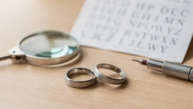 Ringgravur-Schrift: Trauring und Verlobungsring mit Gravurwerkzeug und Schriftmustern