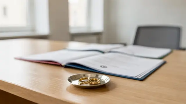 Trauzeugen beim Standesamt: Tisch im Standesamt mit Unterlagen und Eheringen für die Eheschließung
