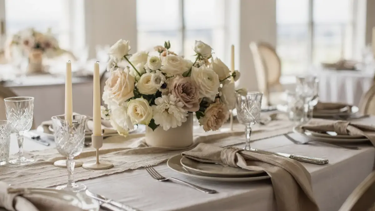 Hochzeits-Dekokonzept mit abgestimmter Tischdeko, Blumen, Kerzen und Glaswaren für eine Hochzeit