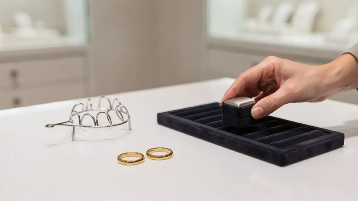 Trauring-Beratung beim Juwelier: Ringe, Ringsizer und Schatulle auf einem Beratungstisch