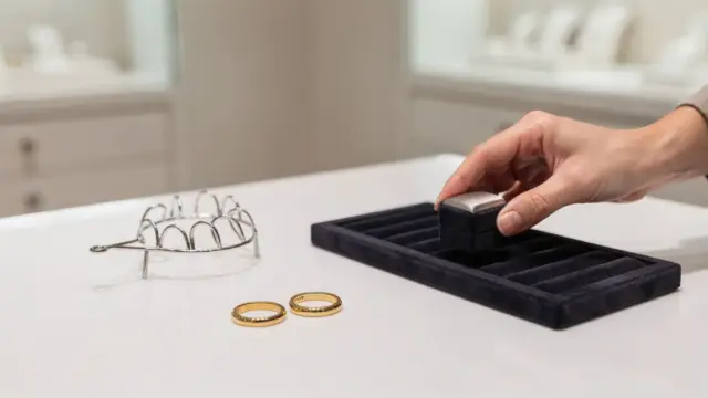 Trauring-Beratung beim Juwelier: Ringe, Ringsizer und Schatulle auf einem Beratungstisch