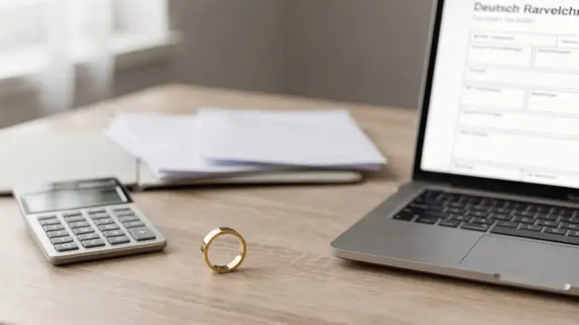 Dokumente, Ring und Taschenrechner zum Thema Steuer-ID nach der Hochzeit auf einem Schreibtisch