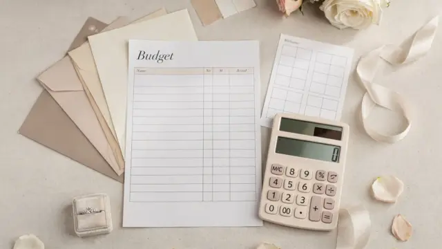 Hochzeitsbudget priorisieren: geordnete Budgetposten auf einem Hochzeitsplanungs-Desk mit Taschenrechner und Unterlagen
