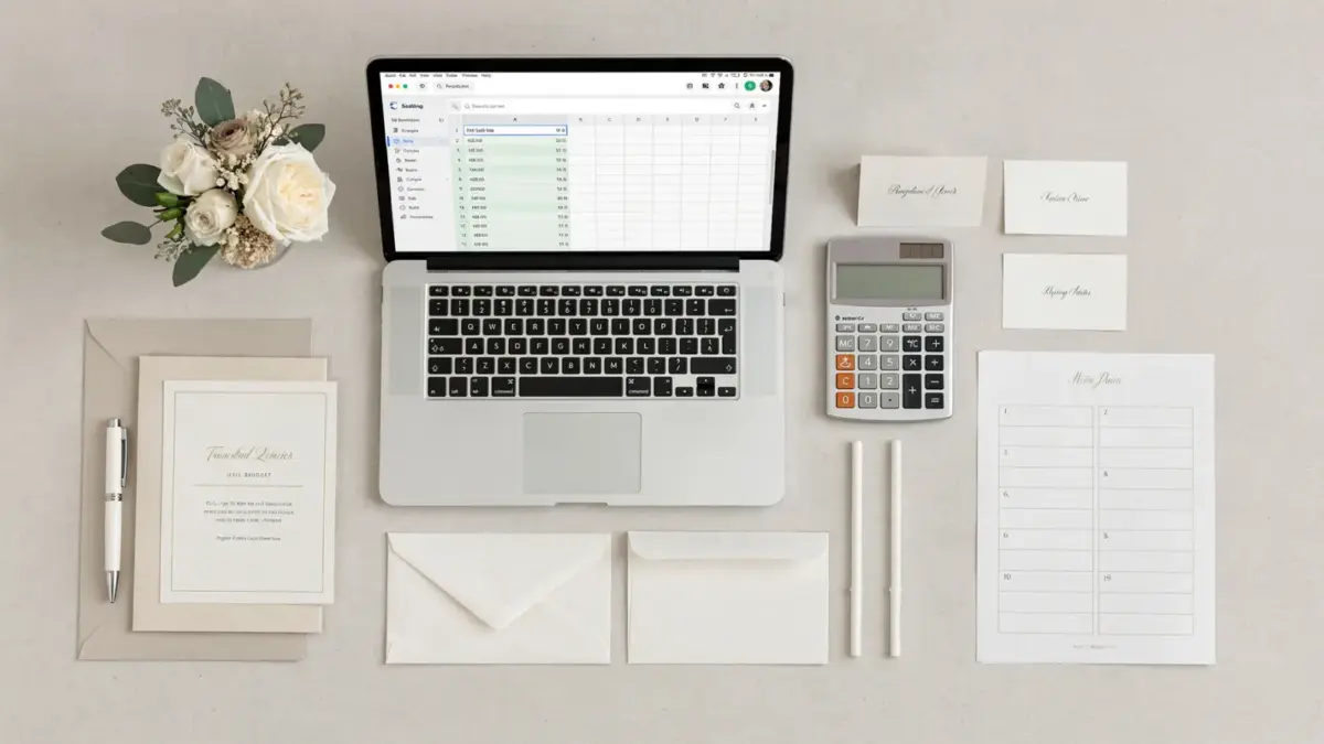 Hochzeitsbudget pro Gast berechnen mit Taschenrechner, Tabelle und Hochzeitskarten auf einem Planungstisch