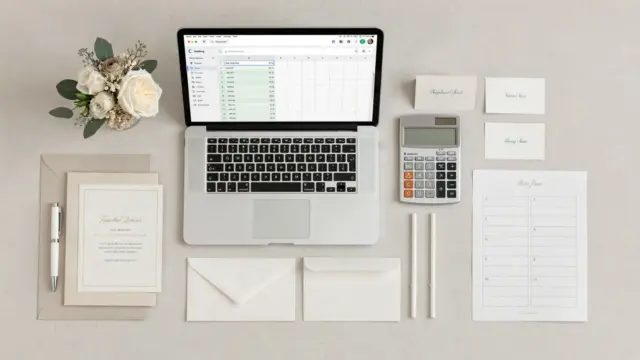 Hochzeitsbudget pro Gast berechnen mit Taschenrechner, Tabelle und Hochzeitskarten auf einem Planungstisch