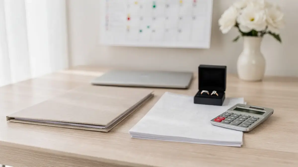 Hochzeitsplanung mit Kalender, Verträgen und Ringen als Motiv zur Hochzeitsausfallversicherung