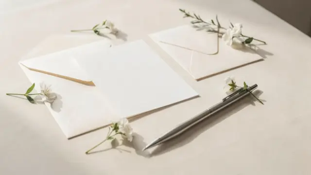 Hochzeitseinladung mit Karten, Umschlägen und Stift als Beispiel für den Hochzeitseinladung Text