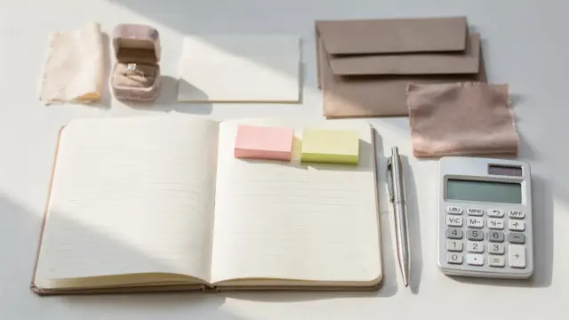 Hochzeitskosten auflisten: Notizbuch mit Budgetposten, Taschenrechner und Hochzeitszubehör auf dem Tisch