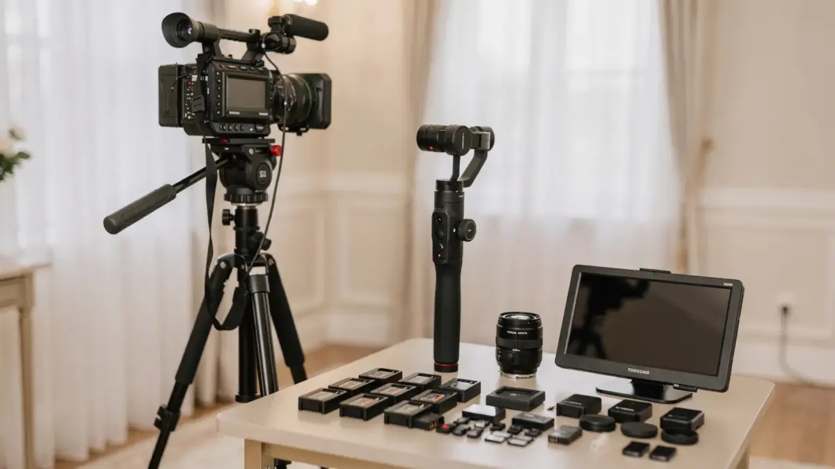 Kameraausrüstung eines Hochzeitsvideografen mit Stativ, Gimbal und Speicherkarten