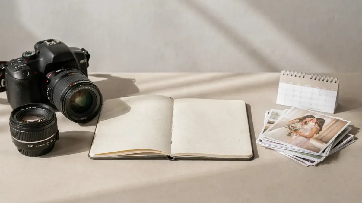 Kamera, Notizbuch und Fotomappe zur Auswahl eines Hochzeitsfotografen