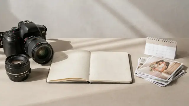 Kamera, Notizbuch und Fotomappe zur Auswahl eines Hochzeitsfotografen