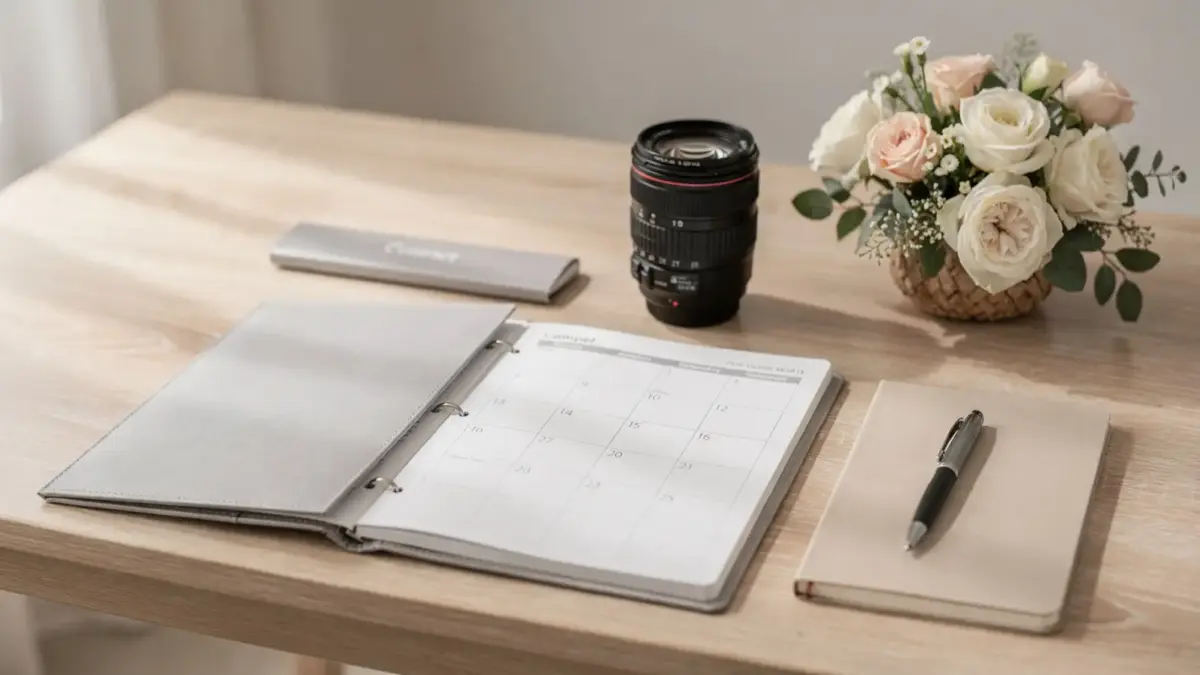 Planungstisch mit Kalender, Vertrag und Kamera für das Buchen eines Hochzeitsfotografen