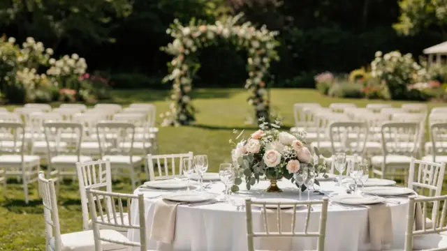 Gartenhochzeit mit Deko, Tischarrangement und wetterfester Planung im Grünen