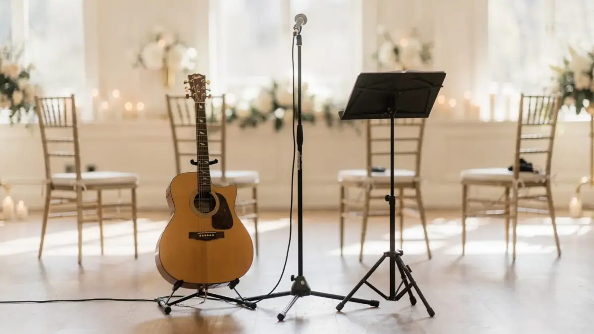Live-Hochzeitsmusik mit Gitarre, Mikrofon und Stühlen für Trauung und Feier
