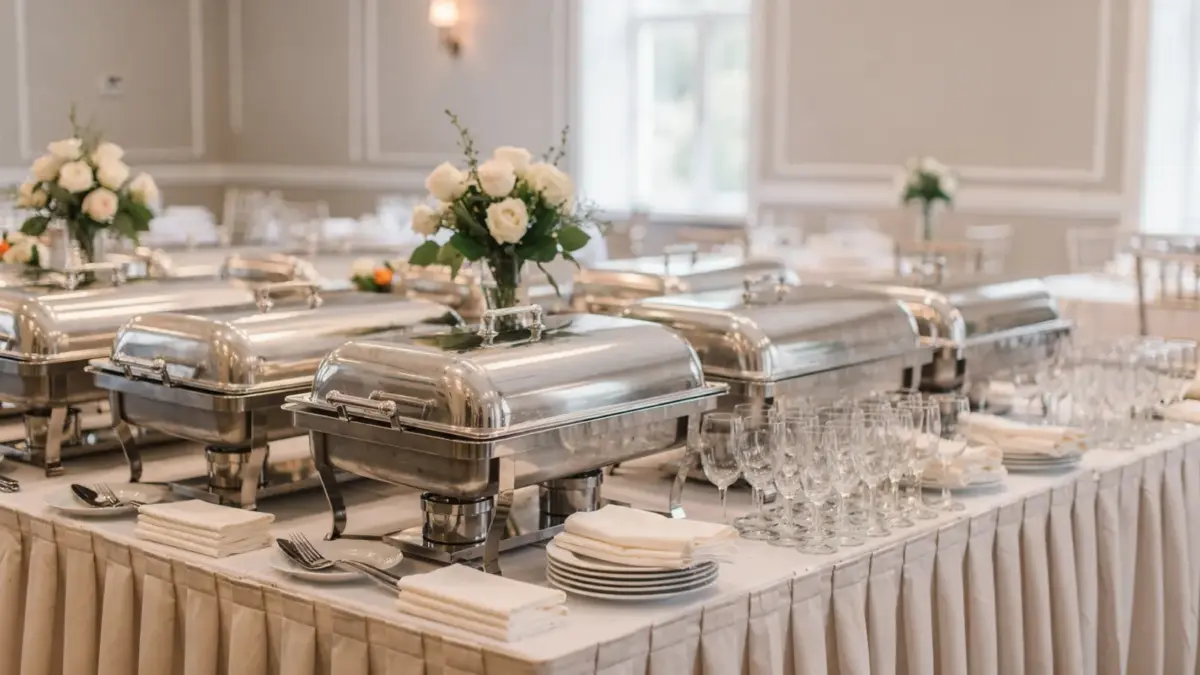 Hochzeitscatering mit Buffet und gedecktem Empfangstisch bei einer Hochzeit