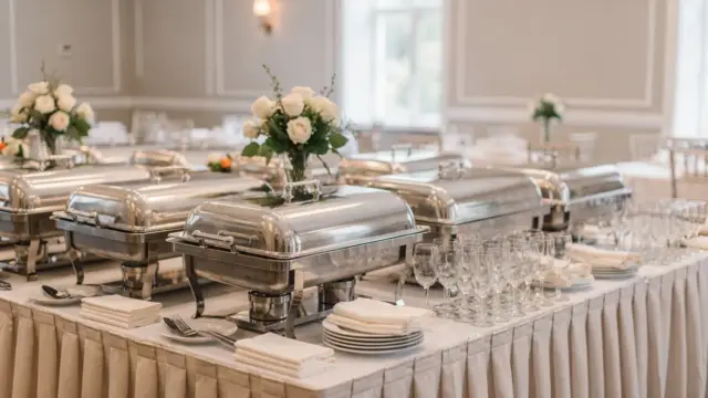Hochzeitscatering mit Buffet und gedecktem Empfangstisch bei einer Hochzeit